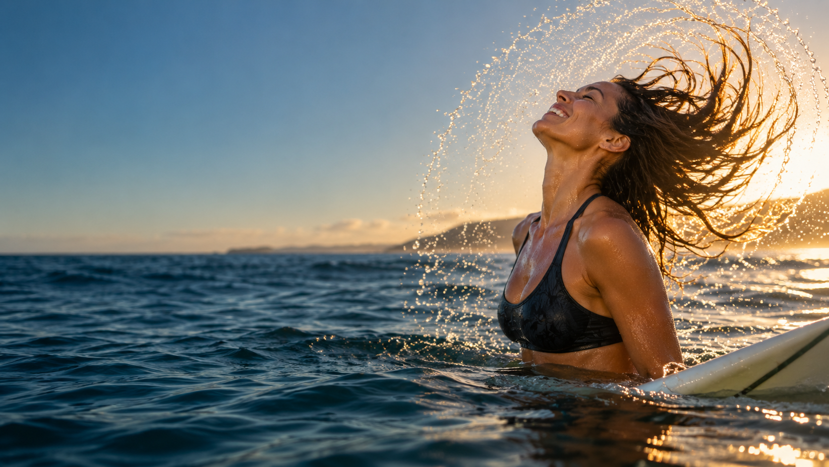 A joyful adult surfer tossing her wet hair into the sunlight by the ocean